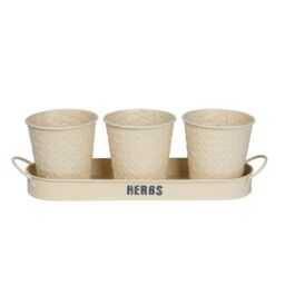 simpa Embossed Metal 3PC Herb Planters with Tray in Cream - thumbnail 2