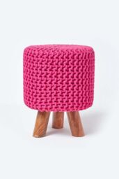 Homescapes Tall Cotton Knitted Footstool on Legs in Pink - thumbnail 1