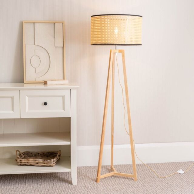 ValueLights Lottie Natural Wood Tripod Floor Lamp with Natural Cane Drum Shade & LED Bulb - image 1