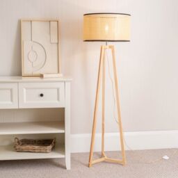 ValueLights Lottie Natural Wood Tripod Floor Lamp with Natural Cane Drum Shade & LED Bulb - thumbnail 1