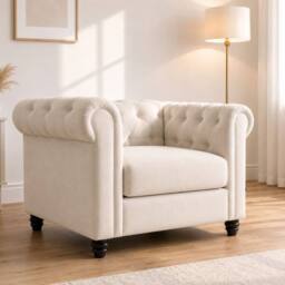 Sofaya Hampton Armchair Chesterfield Seater Sofa Velvet Couch in Cream - Size: 1 Seater