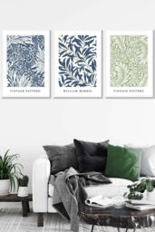 ARTZE Set of 3 White Framed Blue & Green William Morris Vintage Floral Wall Art in Mid Blue - Size: W45 cm x H62 cm x D20mm