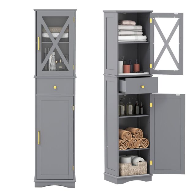 Gymax Freestanding Narrow Storage Cupboard Bathroom Tall Cabinet in Grey - image 1