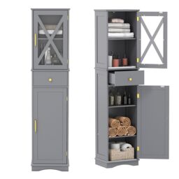 Gymax Freestanding Narrow Storage Cupboard Bathroom Tall Cabinet in Grey