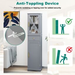 Gymax Freestanding Narrow Storage Cupboard Bathroom Tall Cabinet in Grey - thumbnail 6