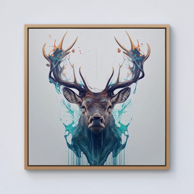 Warren Reed - Designer Stag Face Splashart Framed Canvas in Light Brown - Size: w40 inch x h40 inch - image 1