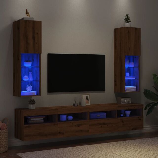 Berkfield Home TV Cabinets with LED Lights 2 pcs Artisian Oak 30.5x30x102 cm in Brown - image 1