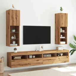 Berkfield Home TV Cabinets with LED Lights 2 pcs Artisian Oak 30.5x30x102 cm in Brown - thumbnail 4