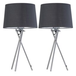 First Choice Lighting Set of 2 Tripod - Chrome Lamps with Grey & Silver Fabric Shade