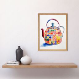 "Artery8 Wall Art Print Colourful Enamelled Teapot Tea Kettle Folk Art Watercolour Painting Art Framed in Light Oak - Size: W12"" x H16""" - thumbnail 2