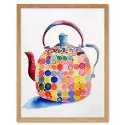 "Artery8 Wall Art Print Colourful Enamelled Teapot Tea Kettle Folk Art Watercolour Painting Art Framed in Light Oak - Size: W12"" x H16""" - thumbnail 1