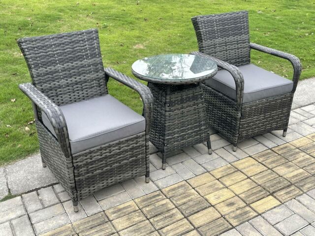 Fimous Rattan Garden Furniture Dining Set Table & Chairs WiCker Patio Outdoor 2 Chairs Plus Small Round Table in Dark Grey - image 1