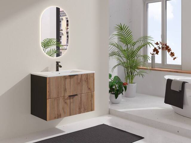 Vente-unique Wall-Hung Bathroom Unit With Inset Basin - Light Natural & Black - image 1