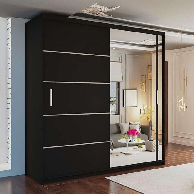 MN Furniture Double Door Sliding Mirror Wardrobe - LED Light 150cm x217cm in Black - Size: 150 cm x217 cm - image 1