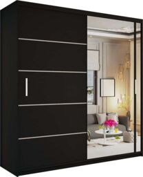 MN Furniture Double Door Sliding Mirror Wardrobe - LED Light 150cm x217cm in Black - Size: 150 cm x217 cm - thumbnail 2