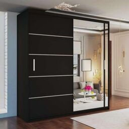 MN Furniture Double Door Sliding Mirror Wardrobe - LED Light 150cm x217cm in Black - Size: 150 cm x217 cm - thumbnail 1