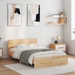 Berkfield Home Bed Frame with Headboard & LED Sonoma Oak 140x200 cm in Brown - thumbnail 4
