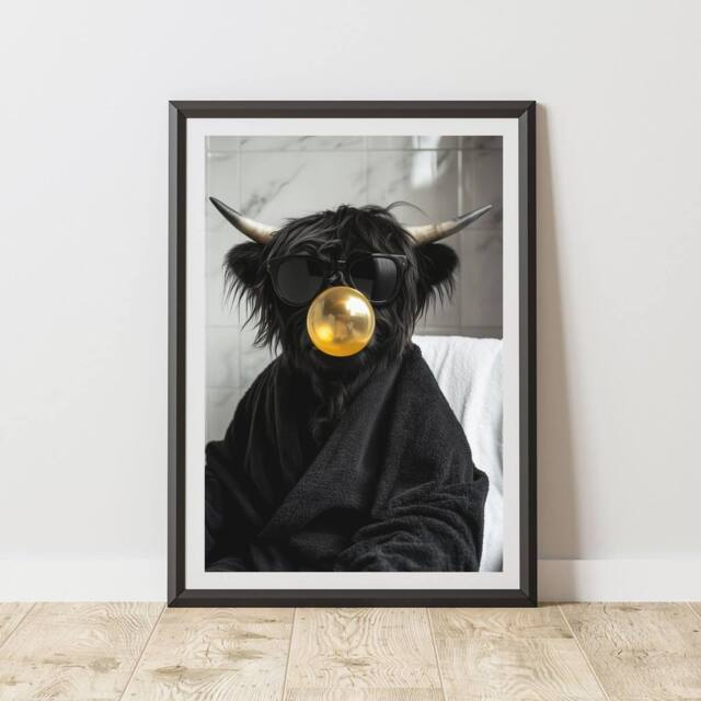 60 SECOND MAKEOVER Highland Cow Gold Bubble Gum Quirky Animal Print - Size: A4 - image 1