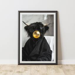 60 SECOND MAKEOVER Highland Cow Gold Bubble Gum Quirky Animal Print - Size: A4 - thumbnail 1