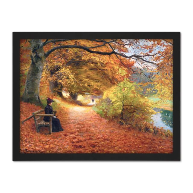 "Artery8 Wall Art Print Brendekilde Wooded Path Autumn Fall Painting Large Framed Wall Décor Art in White - Size: W18"" x H24""" - image 1