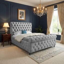 Casani Steeton Sleigh Upholstered Grey Soft Velvet Designer Bed Frame - Size: Double - thumbnail 1