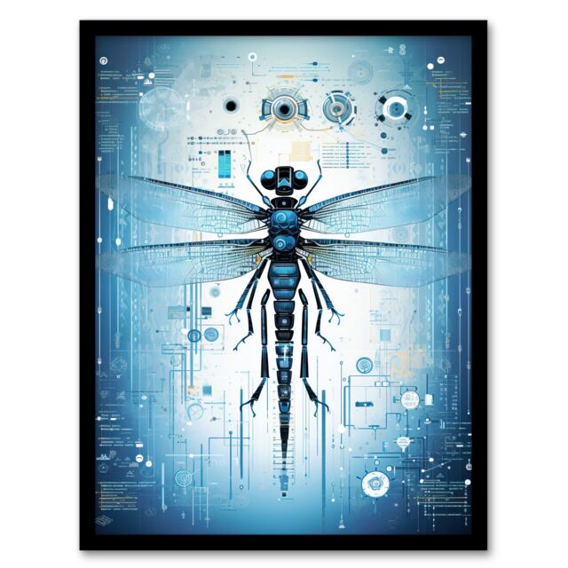 Artery8 Wall Art Print Dragonfly Nanobot Robot Hybrid Secret Military Schematic Blue Futuristic Complex Arcane Manuscript Gift For Him Man Cave Art - image 1