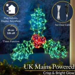 Christow Holly Rope Light Christmas Decoration Indoor Outdoor LED Xmas Silhouette 45cm in Green - thumbnail 5