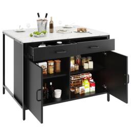 Merax Black Kitchen Island Cabinet with Marble Effect Top, Coffee Bar Table - thumbnail 9