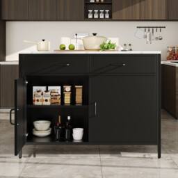 Merax Black Kitchen Island Cabinet with Marble Effect Top, Coffee Bar Table - thumbnail 4