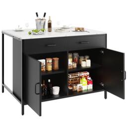 Merax Black Kitchen Island Cabinet with Marble Effect Top, Coffee Bar Table - thumbnail 6