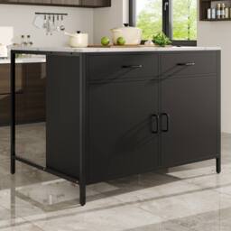 Merax Black Kitchen Island Cabinet with Marble Effect Top, Coffee Bar Table - thumbnail 1