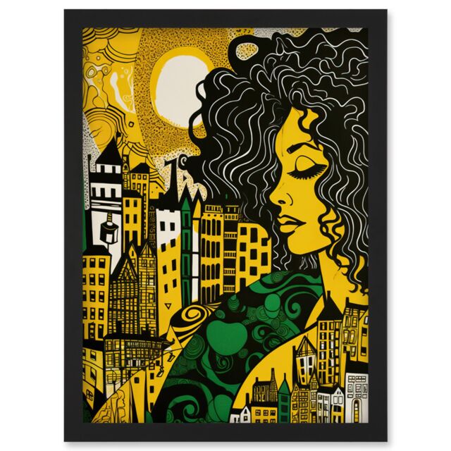 Artery8 Woman & Edinburgh Cityscape Yellow Green Linocut Artwork Framed Wall Art Print A4 in Black - image 1