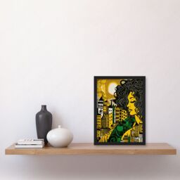 Artery8 Woman & Edinburgh Cityscape Yellow Green Linocut Artwork Framed Wall Art Print A4 in Black - thumbnail 2