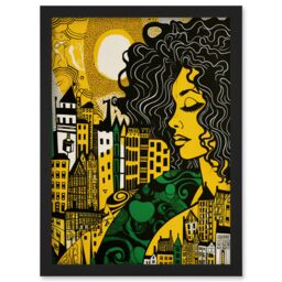 Artery8 Woman & Edinburgh Cityscape Yellow Green Linocut Artwork Framed Wall Art Print A4 in Black - thumbnail 1