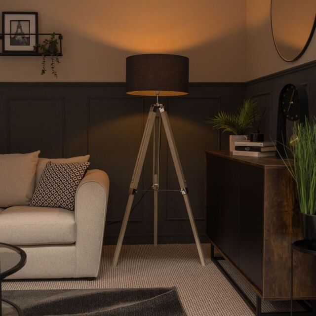 ValueLights Clipper Light Brown Tripod Floor Lamp Large Charcoal Shade in Silver - image 1
