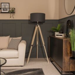 ValueLights Clipper Light Brown Tripod Floor Lamp Large Charcoal Shade in Silver - thumbnail 3