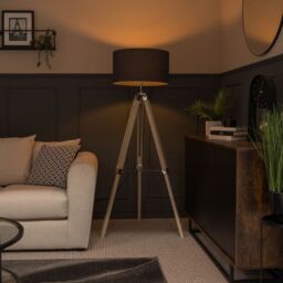 ValueLights Clipper Light Brown Tripod Floor Lamp Large Charcoal Shade in Silver - thumbnail 1