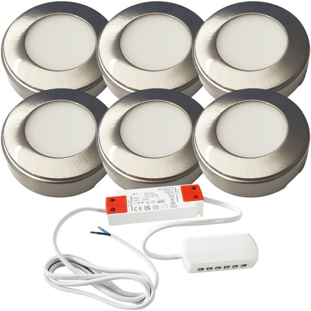Loops 6x BRUSHED NICKEL Round Surface or Flush Under Cabinet Kitchen Light & Driver Kit - Warm White LED in Metallics - image 1