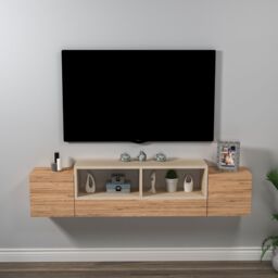 Destina Home Morica Floating TV Stand with Shelves & Cabinets in Light Oak - Size: 1 Pack - thumbnail 3