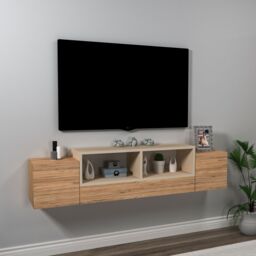 Destina Home Morica Floating TV Stand with Shelves & Cabinets in Light Oak - Size: 1 Pack - thumbnail 4