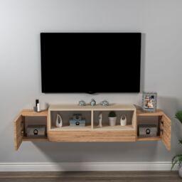 Destina Home Morica Floating TV Stand with Shelves & Cabinets in Light Oak - Size: 1 Pack - thumbnail 5