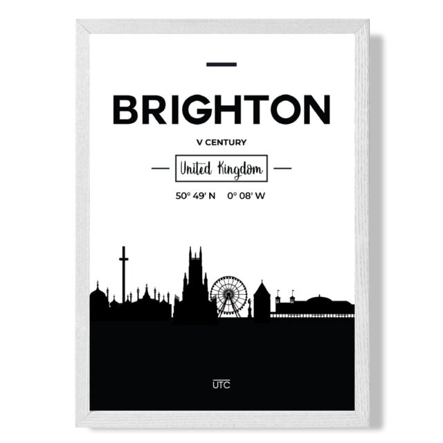 ARTZE Brighton Black & White City Skyline Framed Print SIZE: A3 with White Frame - Size: A4 - image 1