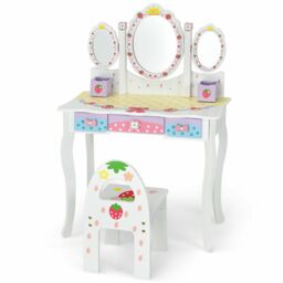 Gymax Kids Vanity Table Set With Chair Detachable Tri-Folding Mirror Drawers in White - thumbnail 4