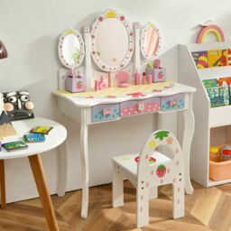 Gymax Kids Vanity Table Set With Chair Detachable Tri-Folding Mirror Drawers in White - thumbnail 1