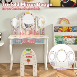 Gymax Kids Vanity Table Set With Chair Detachable Tri-Folding Mirror Drawers in White - thumbnail 3
