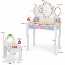 Gymax Kids Vanity Table Set With Chair Detachable Tri-Folding Mirror Drawers in White - thumbnail 2
