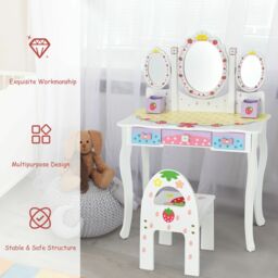 Gymax Kids Vanity Table Set With Chair Detachable Tri-Folding Mirror Drawers in White - thumbnail 6