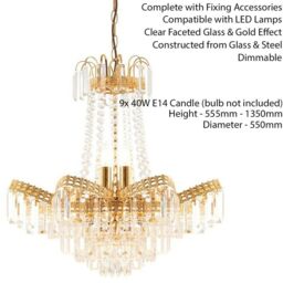 Loops Hanging Ceiling Pendant Light GOLD & GLASS 9 Light Chandelier Lamp Bulb Fitting in Clear - thumbnail 2