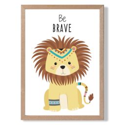 ARTZE Be Brave Lion Tribal Animal Quote Framed Print SIZE: A3 with Oak Frame in Yellow - Size: A4 - thumbnail 1
