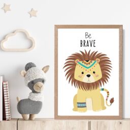 ARTZE Be Brave Lion Tribal Animal Quote Framed Print SIZE: A3 with Oak Frame in Yellow - Size: A4 - thumbnail 2